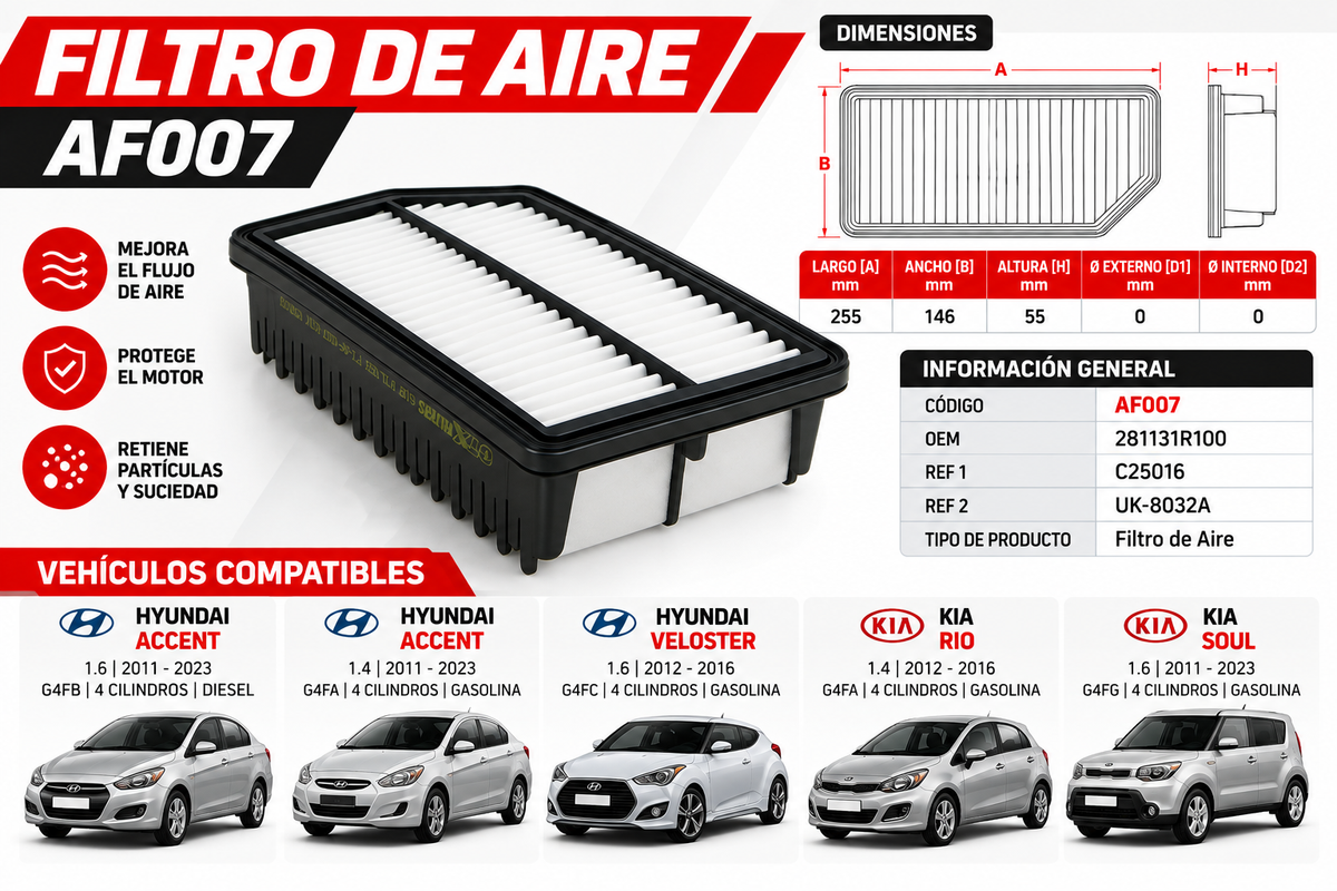 Filtro de Aire Hyundai Accent V 1.4 — 2013 - 2015
